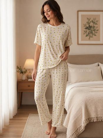 Lamelif Kadın Milan Kumaş Limon  Desen  Pijama Takımı
