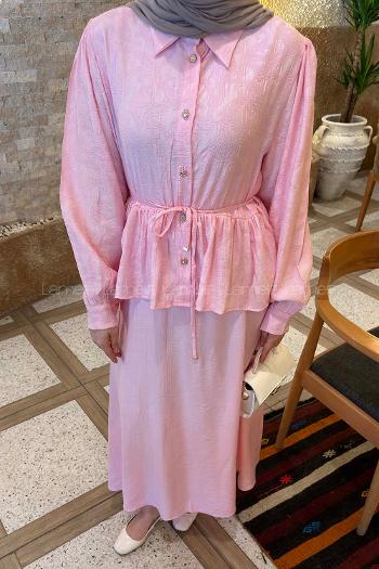 Pink Shirt Collar Long Arm Viscose Fabric Flared Skirt Suit