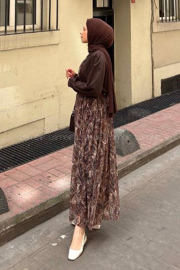 Lamelif Fular Detaylı Desenli Etekli Takım Acı Kahve
