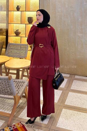 Lamelif Gold Broş Detaylı Pantolonlu Takım Bordo