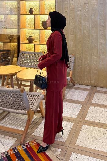 Lamelif Gold Broş Detaylı Pantolonlu Takım Bordo