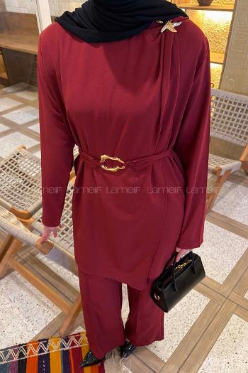Lamelif Gold Broş Detaylı Pantolonlu Takım Bordo