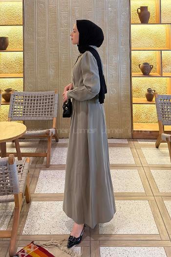Lamelif Kemer Detaylı Boydan Düğmeli Elbise Haki
