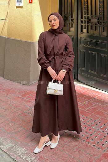 Lamelif Kravat Yaka Bağlama Detaylı Elbise Acı Kahve