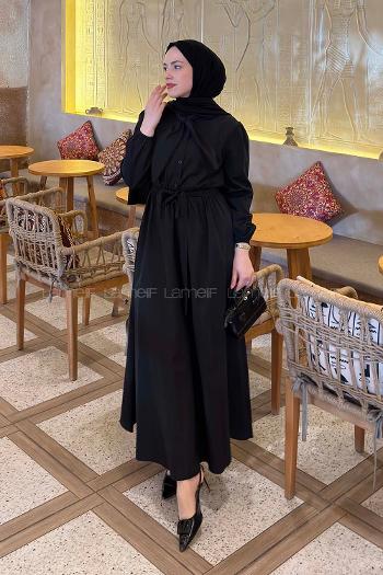 Lamelif Kravat Yaka Bağlama Detaylı Elbise Siyah