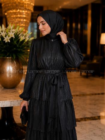Lamelif Balon Kol Bağlama Detaylı Saten Elbise Siyah