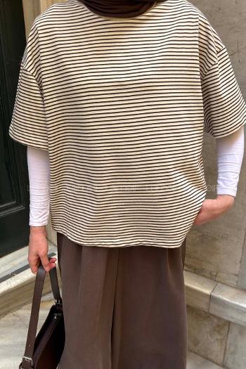 Brown Beige Crew Neck Short Arm Cotton Fabric T-shirt