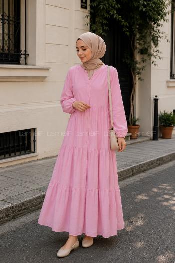 Lamelif Krinkıl Düğme Kapama Elbise Pembe