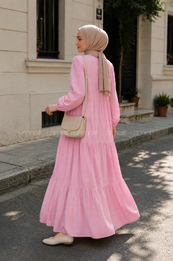 Lamelif Krinkıl Düğme Kapama Elbise Pembe