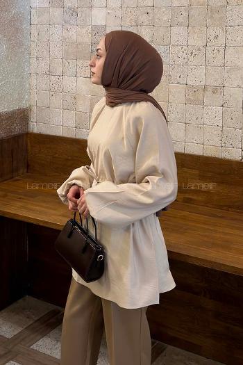 Lamelif Reglan Kol Tesettür Tunik Bej