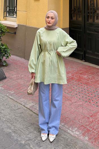 Lamelif Reglan Kol Tesettür Tunik  Mint Yeşili