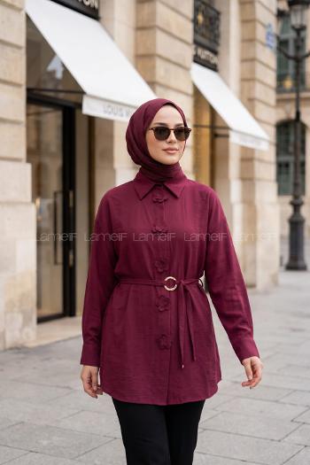 Lamelif Ön Çiçek Detaylı Bağlamalı Gömlek Bordo