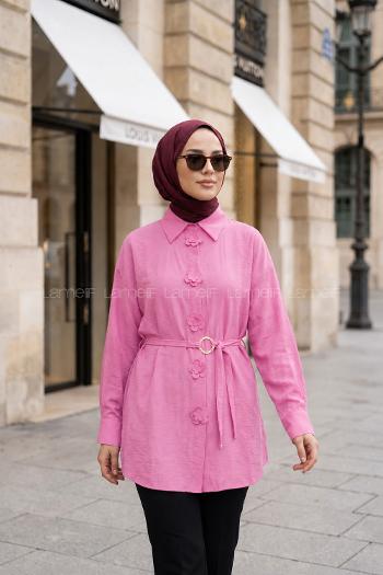Lamelif Ön Çiçek Detaylı Bağlamalı Gömlek Pembe