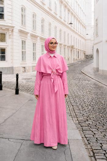 Lamelif Pelerinli Toka Detaylı Etekli Takım Pembe