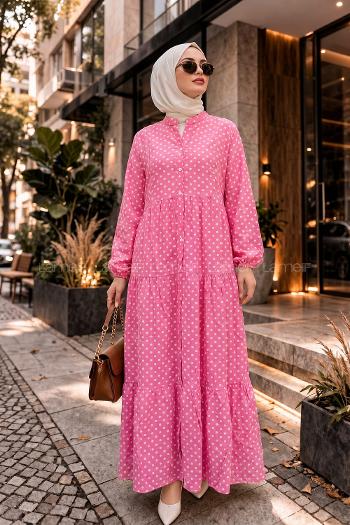 Lamelif Puantiye Desenl Elbise Pembe