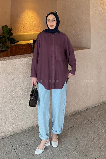 Lamelif Tek Cep Detaylı Çizgi Geçişli Gömlek Mürdüm