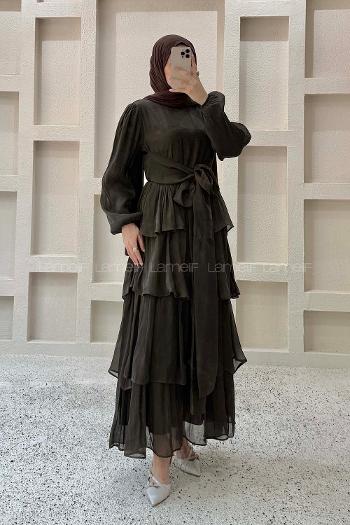 Lamelif Balon Kol Bağlama Detaylı Saten Elbise Acı Kahve