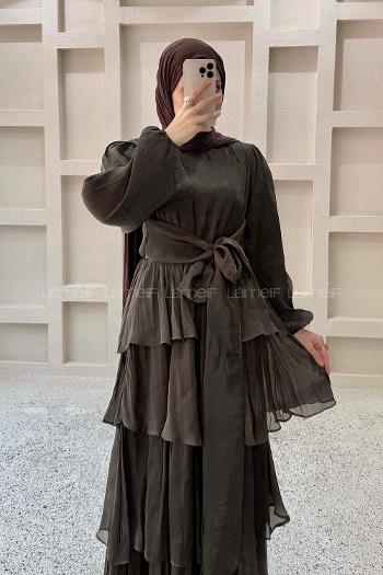 Lamelif Balon Kol Bağlama Detaylı Saten Elbise Acı Kahve