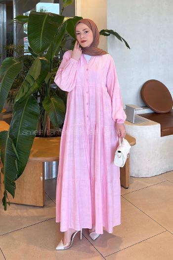Lamelif Desenli Düğme Kapama Elbise Pembe