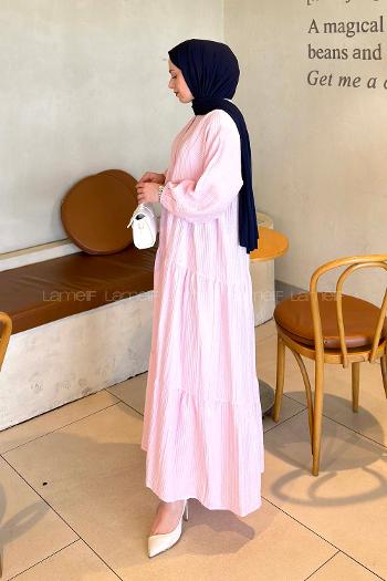 Lamelif Krinkıl Düğme Kapama Elbise Pembe