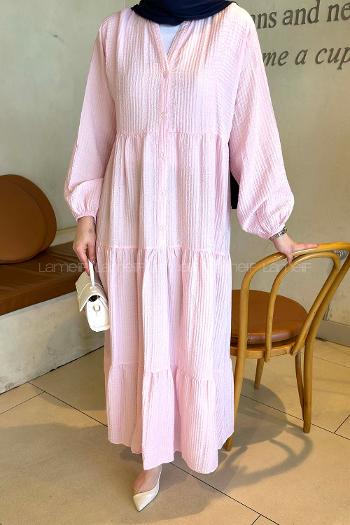 Lamelif Krinkıl Düğme Kapama Elbise Pembe