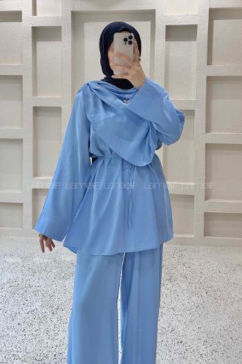 Lamelif Şal Detaylı Katlı Pantolonlu Takım Bebe Mavisi