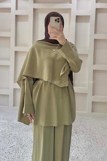 Lamelif Şal Detaylı Katlı Pantolonlu Takım Küf Yeşili