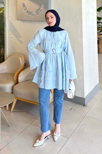 Lamelif Kat Detaylı Bağlamalı Tunik Bebe Mavisi