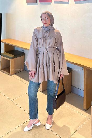 Lamelif Kat Detaylı Bağlamalı Tunik Bej