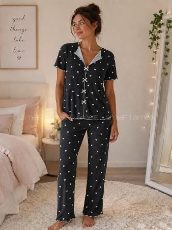 Lamelif Kadın Kalp Desenli Pijama Takımı