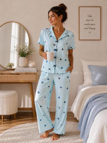 Lamelif Kadın Soft Touch Kelebek  Desenli Pijama Takımı