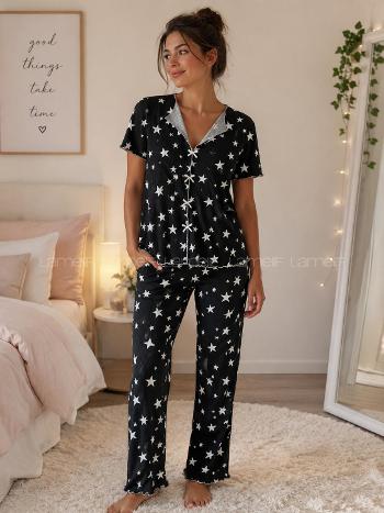Lamelif Kadın Soft Touch Yıldız   Desenli Pijama Takımı