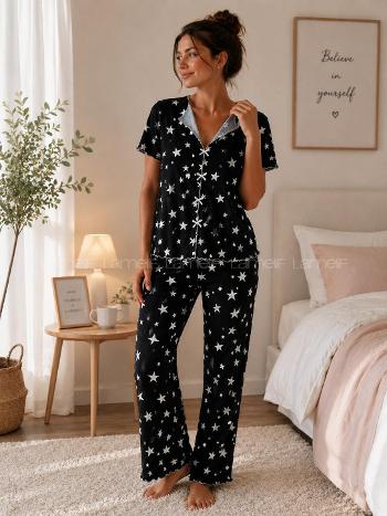 Lamelif Kadın Soft Touch Yıldız   Desenli Pijama Takımı