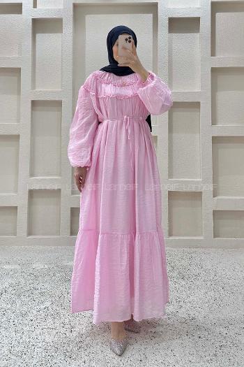 Lamelif Robası Fırfırlı Bağlamalı Elbise Pembe