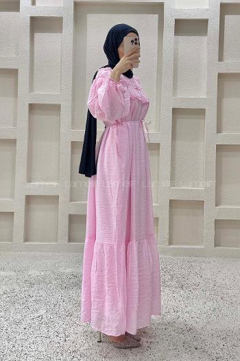 Lamelif Robası Fırfırlı Bağlamalı Elbise Pembe
