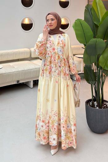 Lamelif Çiçek Detaylı Çizgili Elbise Krem