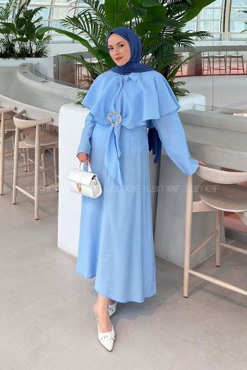 Baby Blue Shirt Collar Long Arm Cotton Flared Skirt Suit