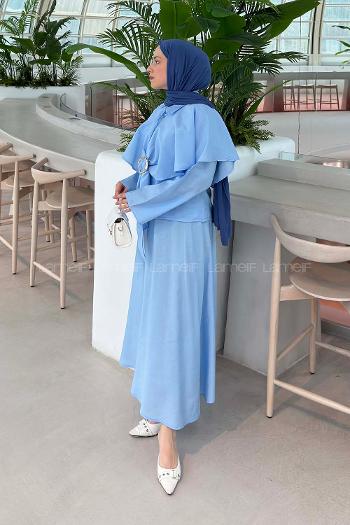 Baby Blue Shirt Collar Long Arm Cotton Flared Skirt Suit