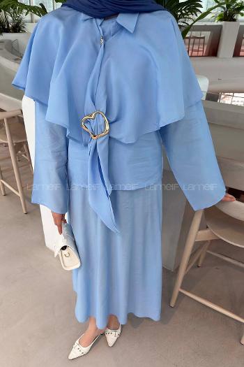 Baby Blue Shirt Collar Long Arm Cotton Flared Skirt Suit