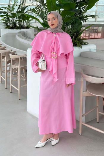 Lamelif Pelerinli Toka Detaylı Etekli Takım Pembe