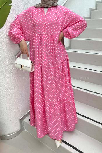 Lamelif Puantiye Desenl Elbise Pembe