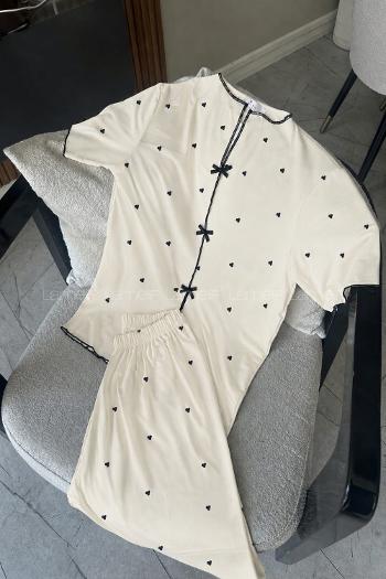 Lamelif Kadın Kalp Desenli Fiyonk Özel Dikiş Pijama Takımı