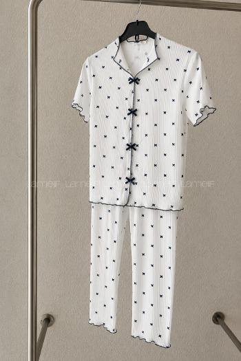 Lamelif Kadın Kurdele Desenli Fiyonk Özel Dikiş Pijama Takımı