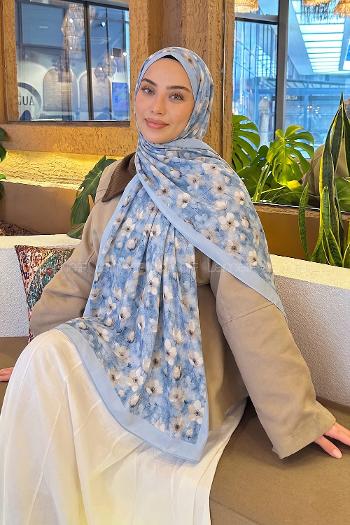 Lamelif Çiçek Desen Lara Soft Şal Bebe Mavisi