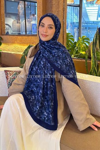Lamelif Çiçek Desen Lara Soft Şal Lacivert