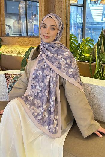 Lamelif Çiçek Desen Lara Soft Şal Lila