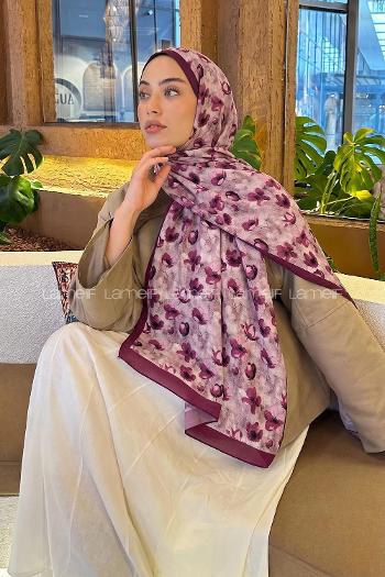 Lamelif Çiçek Desen Lara Soft Şal Mürdüm