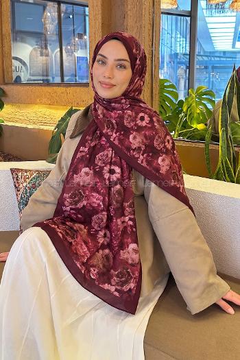 Lamelif Gül Çiçek Desen Lara Soft Şal Bordo