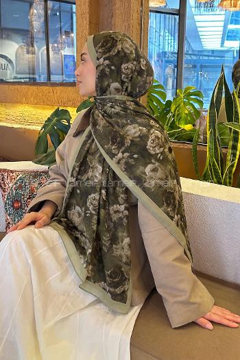 Lamelif Gül Çiçek Desen Lara Soft Şal Haki