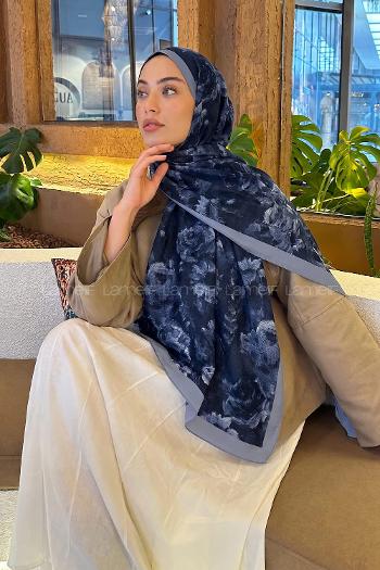 Lamelif Gül Çiçek Desen Lara Soft Şal Lacivert